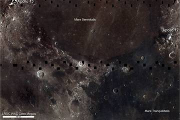 This lunar mosaic shows the boundary between Mare Serenitatis and Mare Tranquillitatis. The relative blue color of the Tranquillitatis mare is due to higher abundances of the titanium-bearing mineral ilmenite.